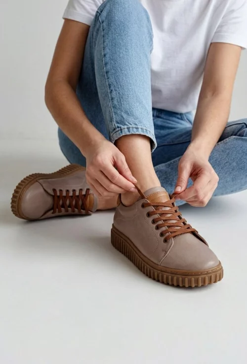 Pantofi dama taupe cu maro din piele naturala