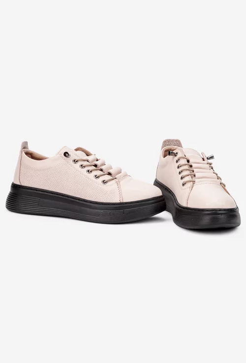 Pantofi dama taupe deschis din piele cu siret elastic