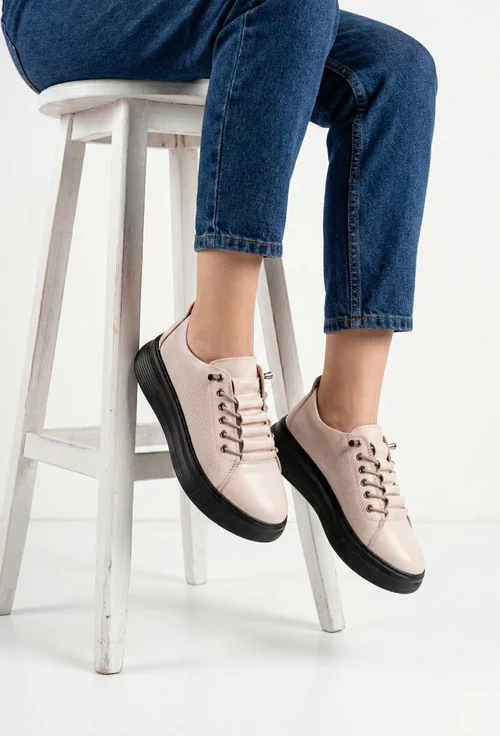 Pantofi dama taupe deschis din piele cu siret elastic