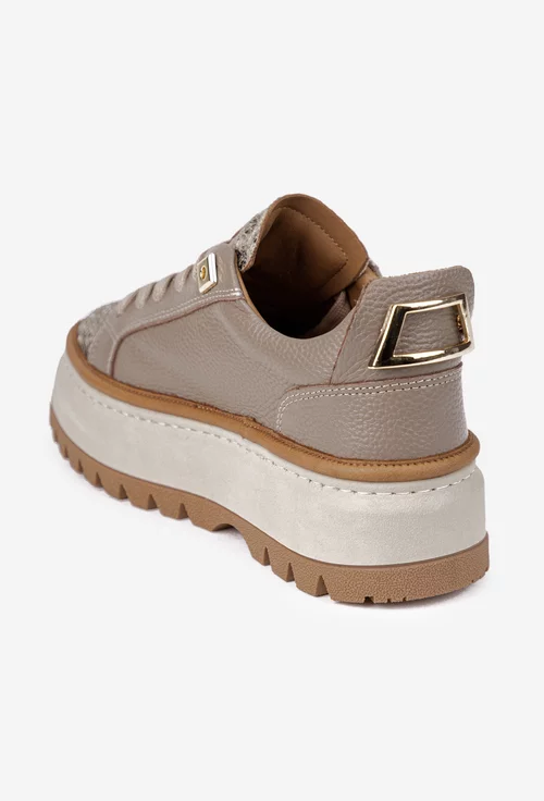 Pantofi dama taupe din piele cu imprimeu si ornament