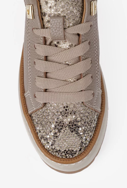 Pantofi dama taupe din piele cu imprimeu si ornament