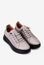 Pantofi dama taupe din piele cu siret elastic si talpa neagra