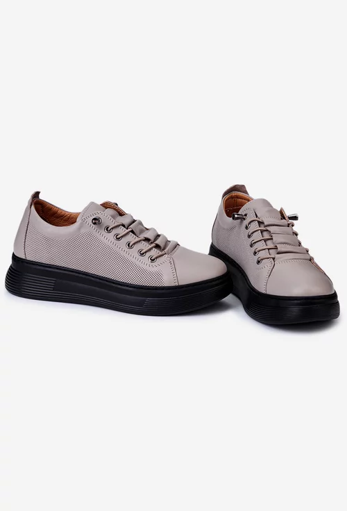 Pantofi dama taupe din piele cu siret elastic si talpa neagra