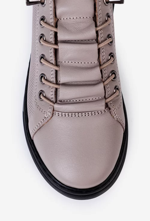 Pantofi dama taupe din piele cu siret elastic si talpa neagra