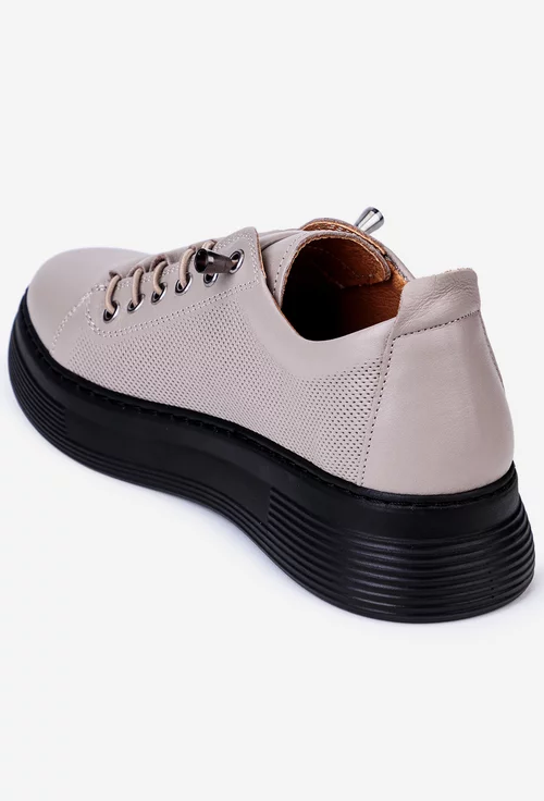 Pantofi dama taupe din piele cu siret elastic si talpa neagra