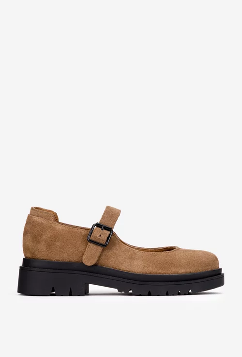 Pantofi dama taupe din piele intoarsa cu bareta