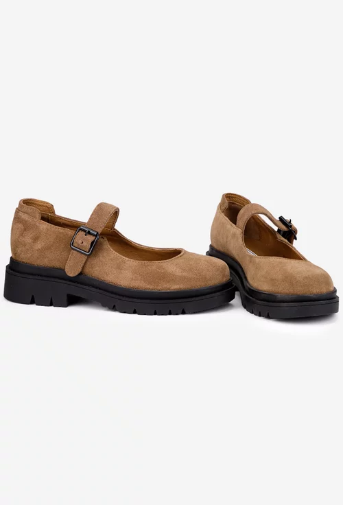 Pantofi dama taupe din piele intoarsa cu bareta