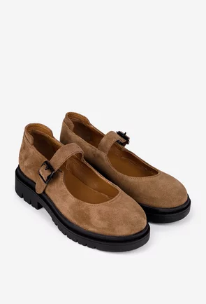 Pantofi dama taupe din piele intoarsa cu bareta