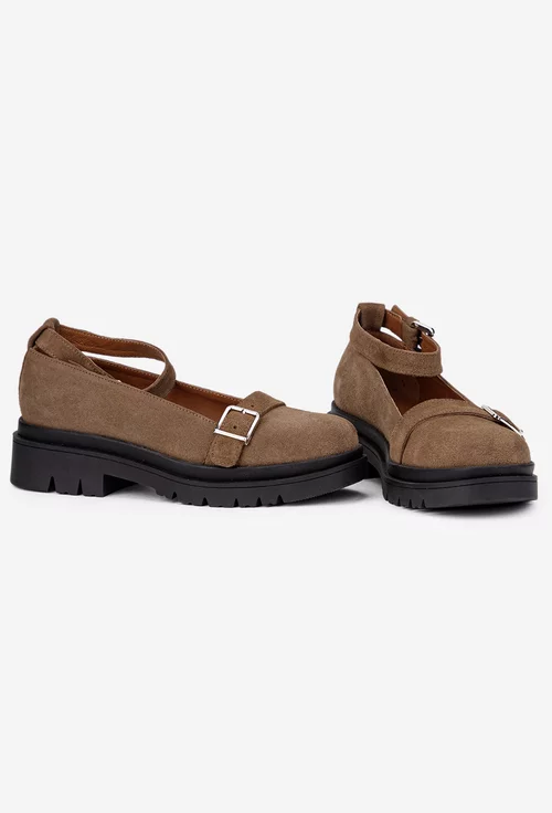 Pantofi dama taupe din piele intoarsa cu bareta