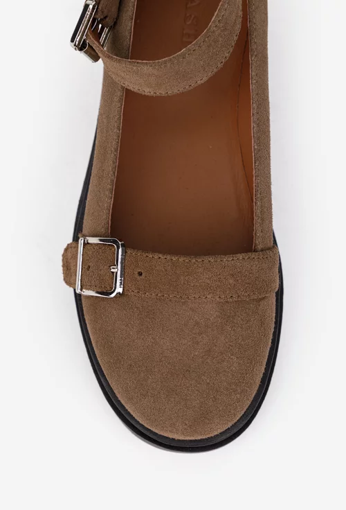 Pantofi dama taupe din piele intoarsa cu bareta