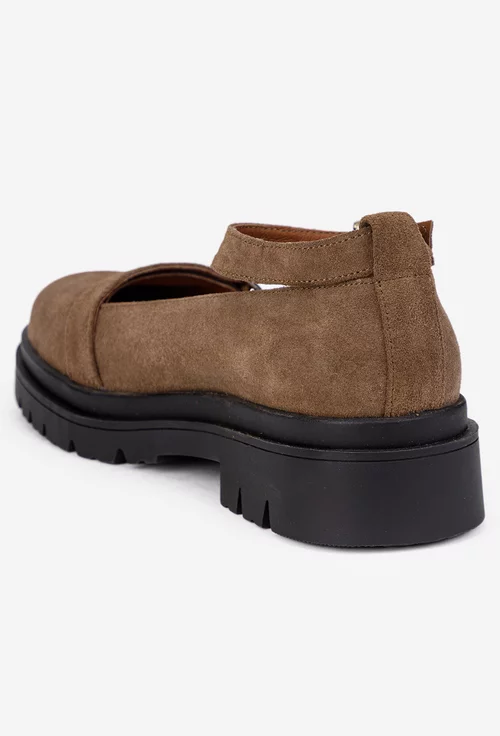 Pantofi dama taupe din piele intoarsa cu bareta