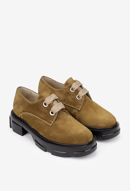 Pantofi dama taupe din piele intoarsa cu siret