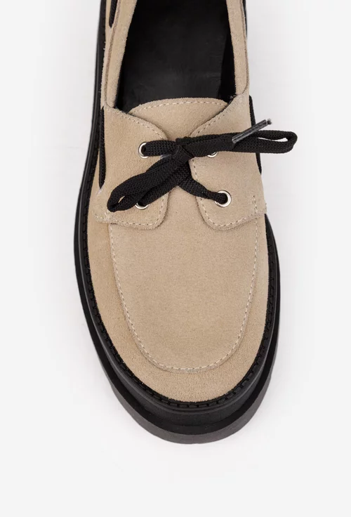 Pantofi dama taupe din piele intoarsa cu siret picture - 6