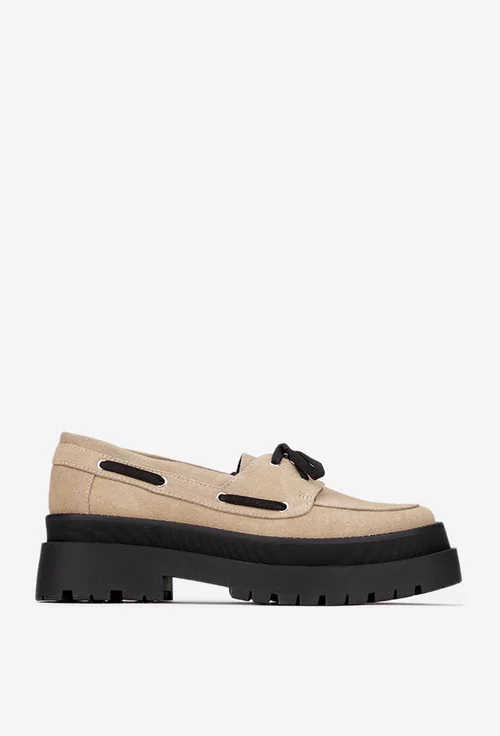 Pantofi dama taupe din piele intoarsa cu siret picture - 2
