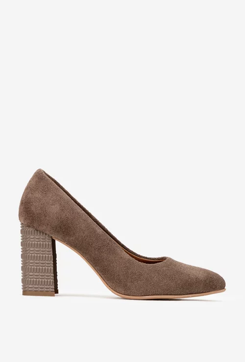 Pantofi dama taupe din piele intoarsa cu toc deosebit picture - 2