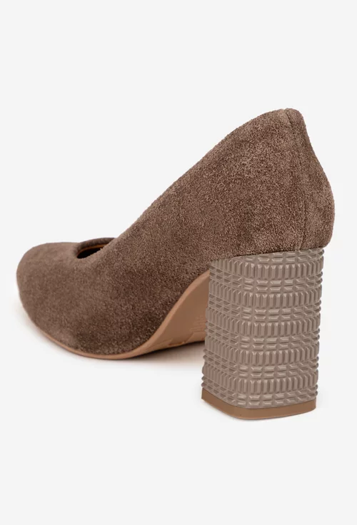 Pantofi dama taupe din piele intoarsa cu toc deosebit picture - 3