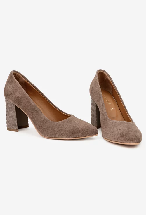 Pantofi dama taupe din piele intoarsa cu toc deosebit picture - 5