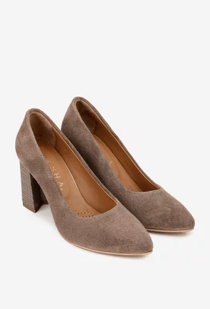Pantofi dama taupe din piele intoarsa cu toc deosebit