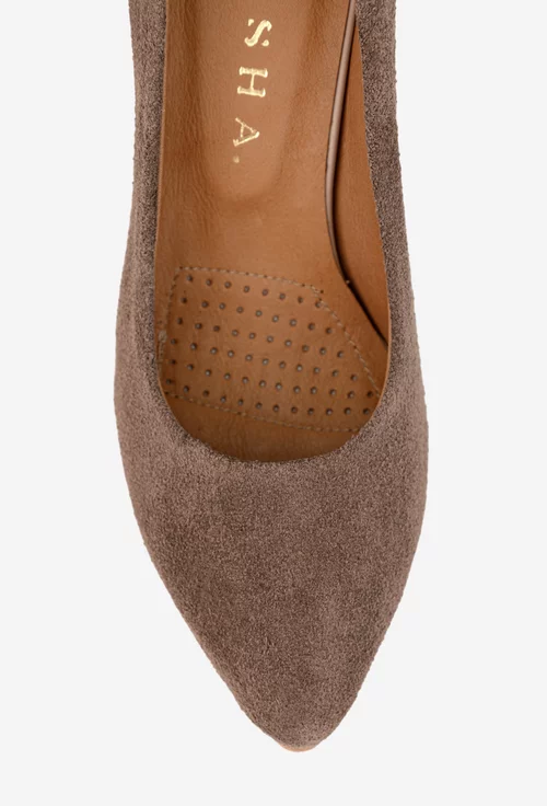 Pantofi dama taupe din piele intoarsa cu toc deosebit picture - 6