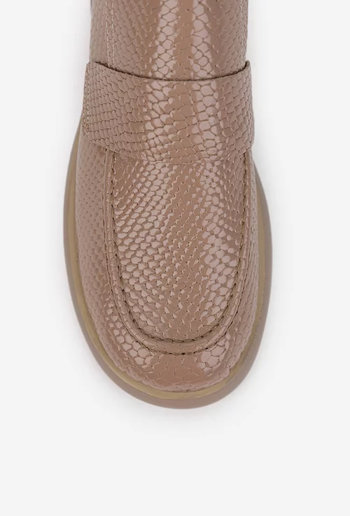 Pantofi dama taupe din piele lacuita cu model