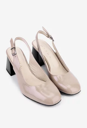 Pantofi dama taupe din piele lacuita cu varf patrat