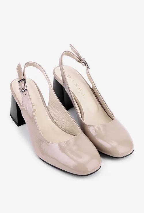 Pantofi dama taupe din piele lacuita cu varf patrat