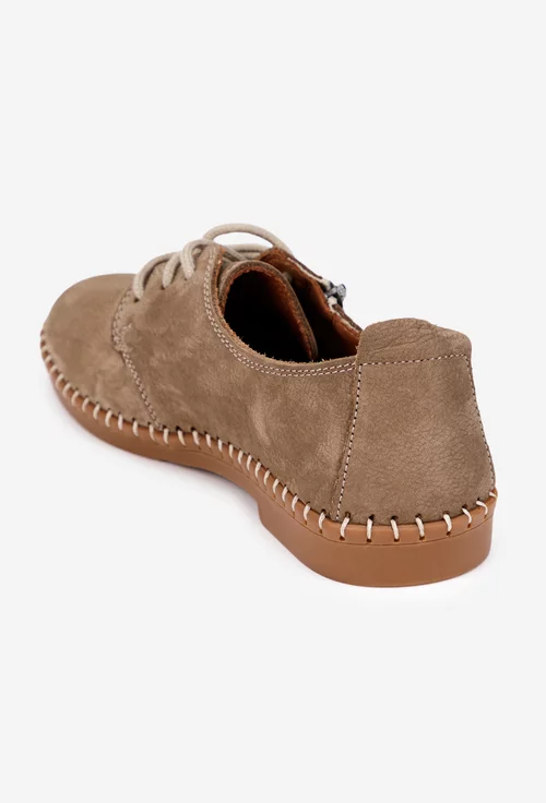 Pantofi dama taupe din piele nabuc cu siret si fermoar decorativ