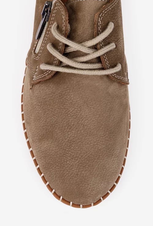 Pantofi dama taupe din piele nabuc cu siret si fermoar decorativ