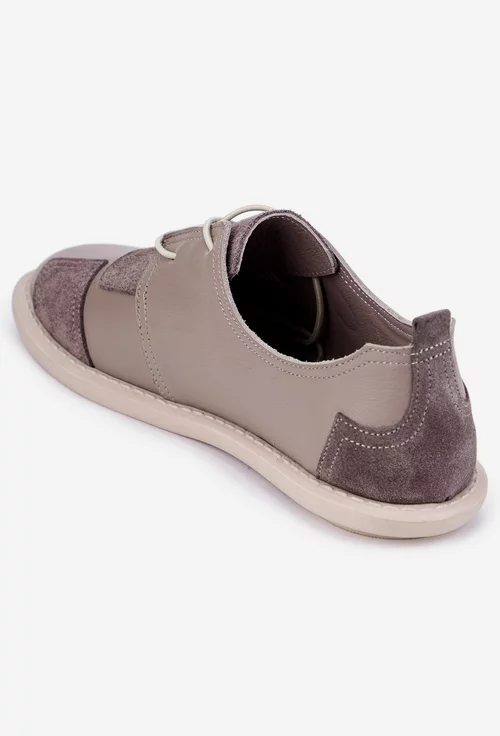 Pantofi dama taupe din piele naturala cu aplicatii din piele intoarsa