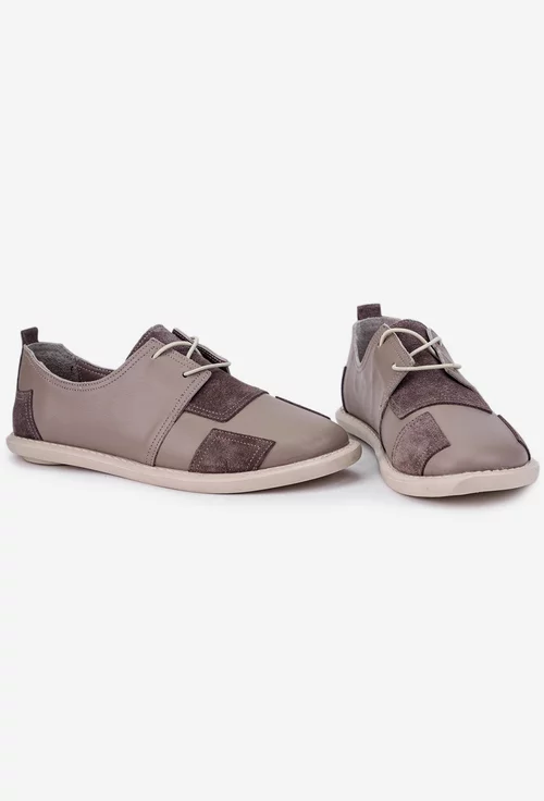 Pantofi dama taupe din piele naturala cu aplicatii din piele intoarsa