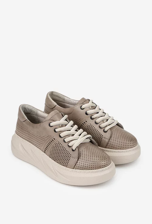 Pantofi dama taupe din piele naturala cu perforatii