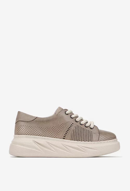 Pantofi dama taupe din piele naturala cu perforatii