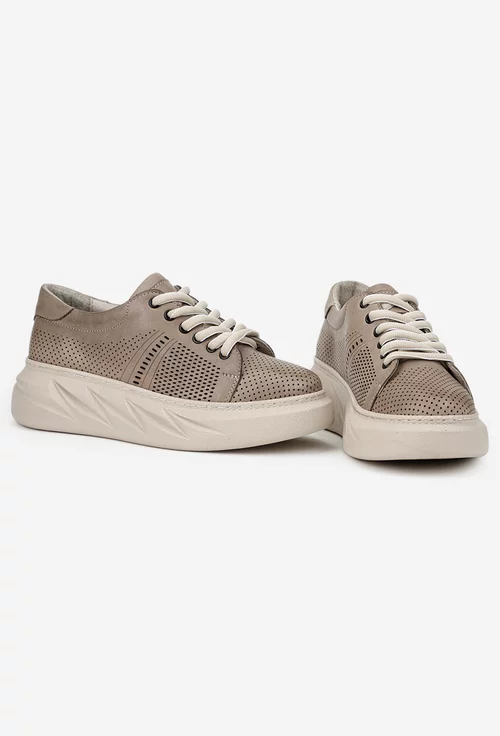 Pantofi dama taupe din piele naturala cu perforatii
