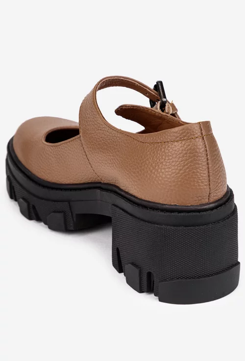 Pantofi dama taupe din piele texturata cu bareta