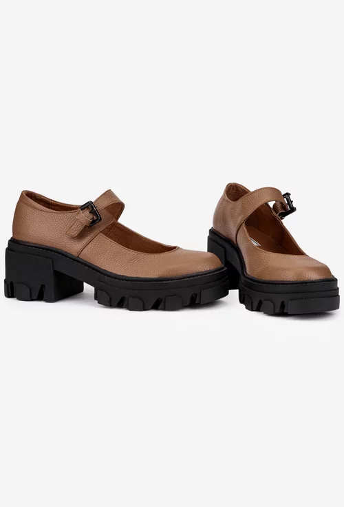 Pantofi dama taupe din piele texturata cu bareta