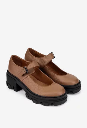 Pantofi dama taupe din piele texturata cu bareta