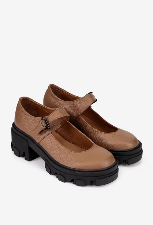 Pantofi dama taupe din piele texturata cu bareta