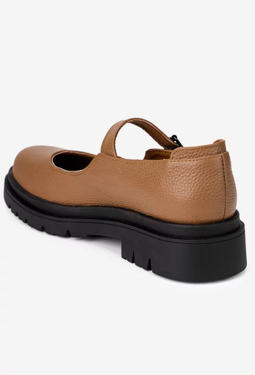 Pantofi dama taupe din piele texturata cu bareta si catarama