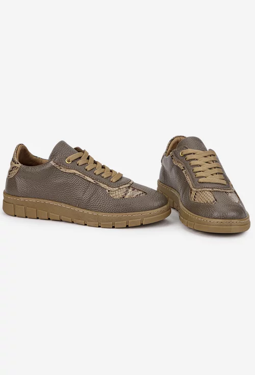 Pantofi dama taupe din piele texturata cu model