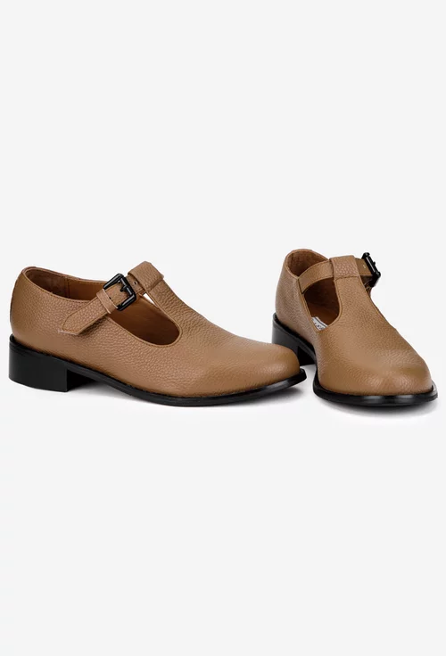 Pantofi dama taupe din piele texturata cu talpa neagra si bareta