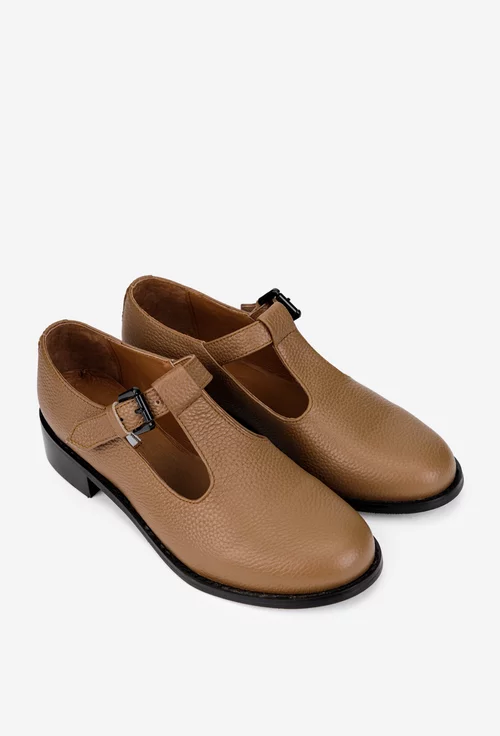 Pantofi dama taupe din piele texturata cu talpa neagra si bareta