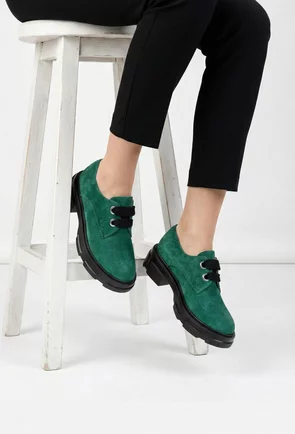 Pantofi dama verzi din piele intoarsa cu siret