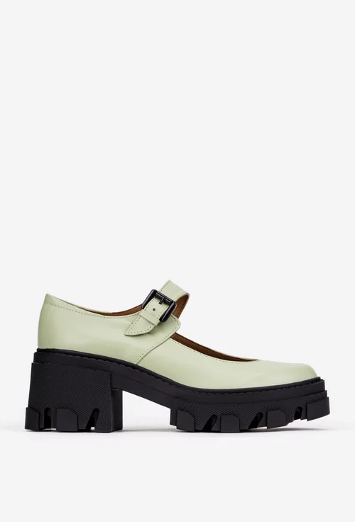 Pantofi dama verzi din piele naturala cu bareta si toc gros