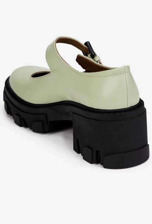 Pantofi dama verzi din piele naturala cu bareta si toc gros