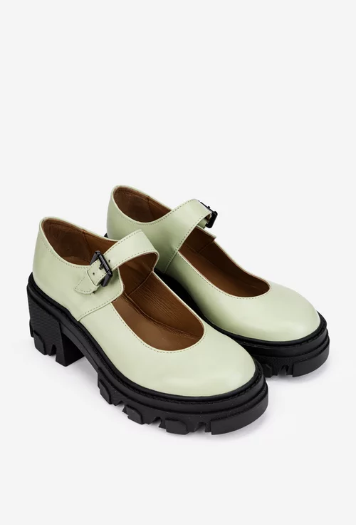 Pantofi dama verzi din piele naturala cu bareta si toc gros