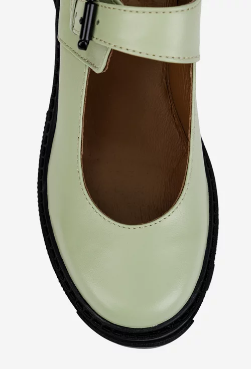 Pantofi dama verzi din piele naturala cu bareta si toc gros