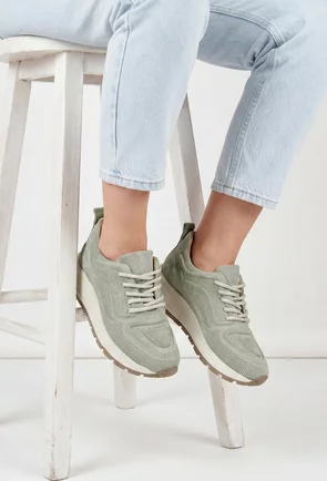 Pantofi dama verzi NUR din piele intoarsa cu model perforat dublat