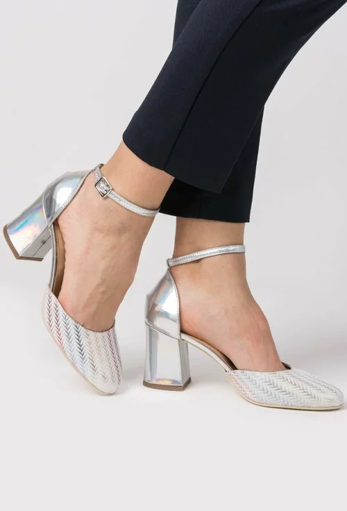 Pantofi decupati argintii din piele naturala cu imprimeu colorat Ronda