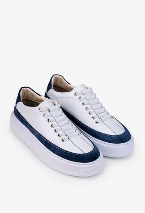 Pantofi din piele alba cu detaliu bleumarin