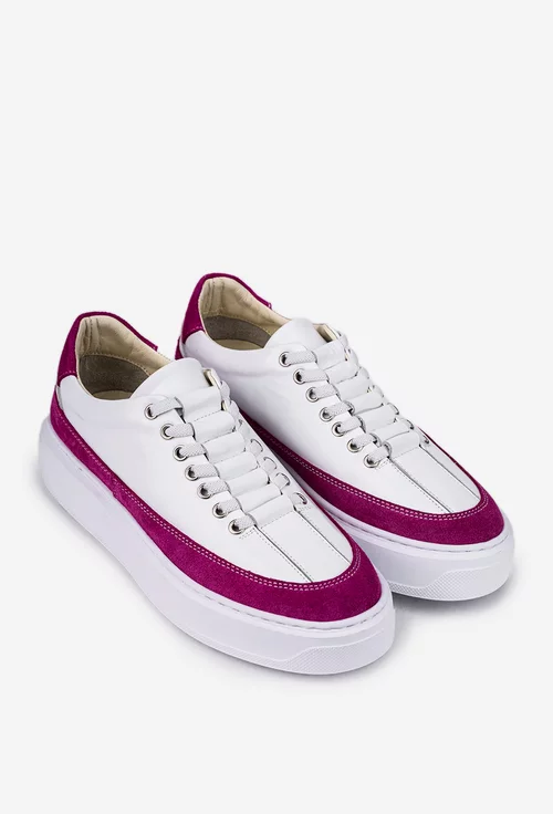 Pantofi din piele alba cu detaliu fuchsia